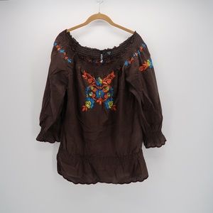 Cowgirl Embroidered 3/4 Sleeve Off Shoulder Blouse